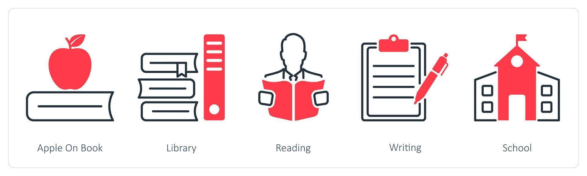 A set of 5 School and Education icons as apple on book, library, reading vector