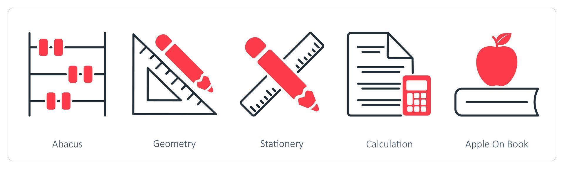 A set of 5 School and Education icons as abacus, geometry, stationery vector
