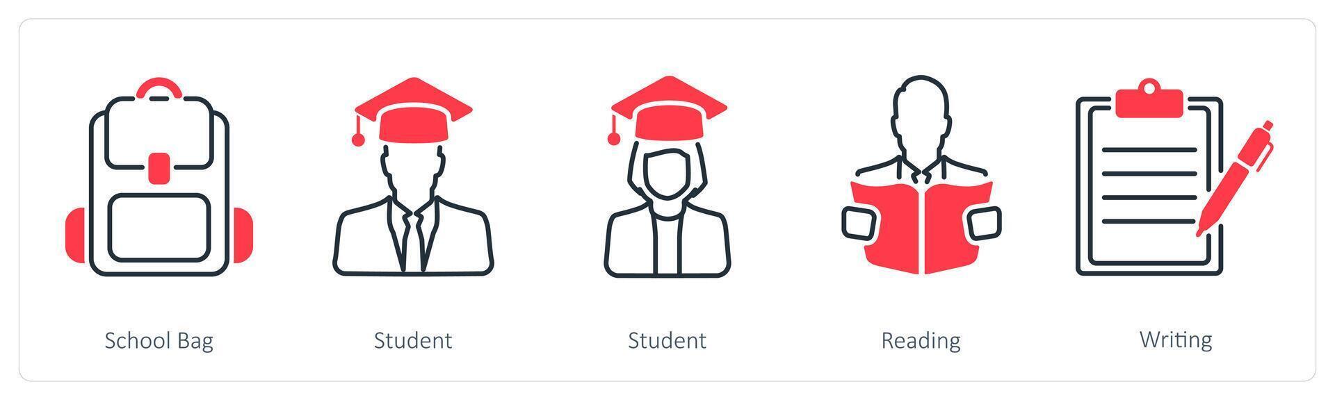 A set of 5 School and Education icons as school bag, student, reading vector