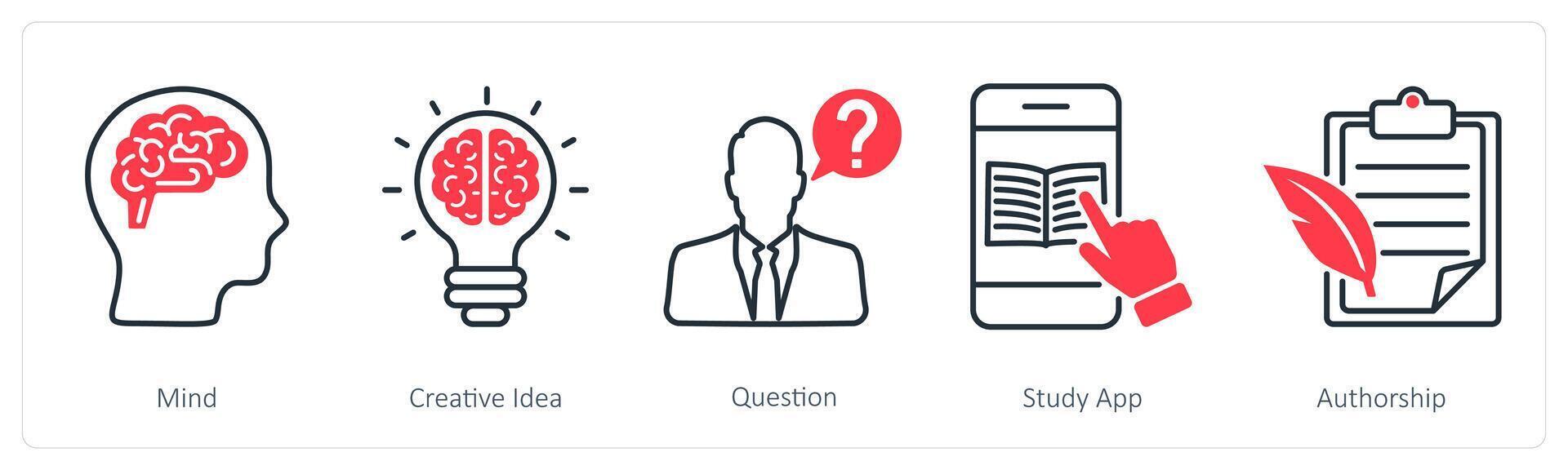 A set of 5 School and Education icons as mind, creative idea, question vector