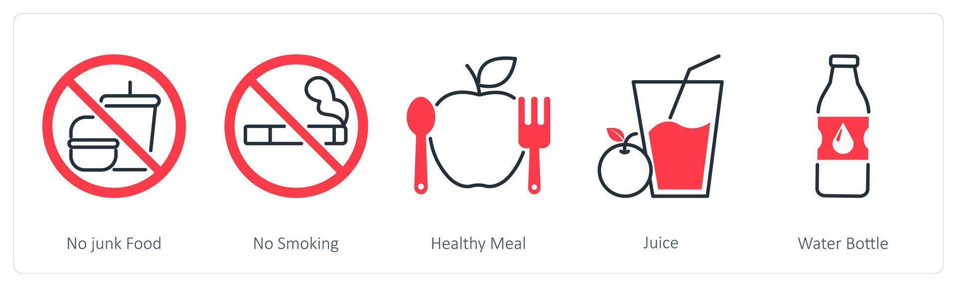 A set of 5 Sports and Fitness icons as no junk food, no smoking, healthy meal vector