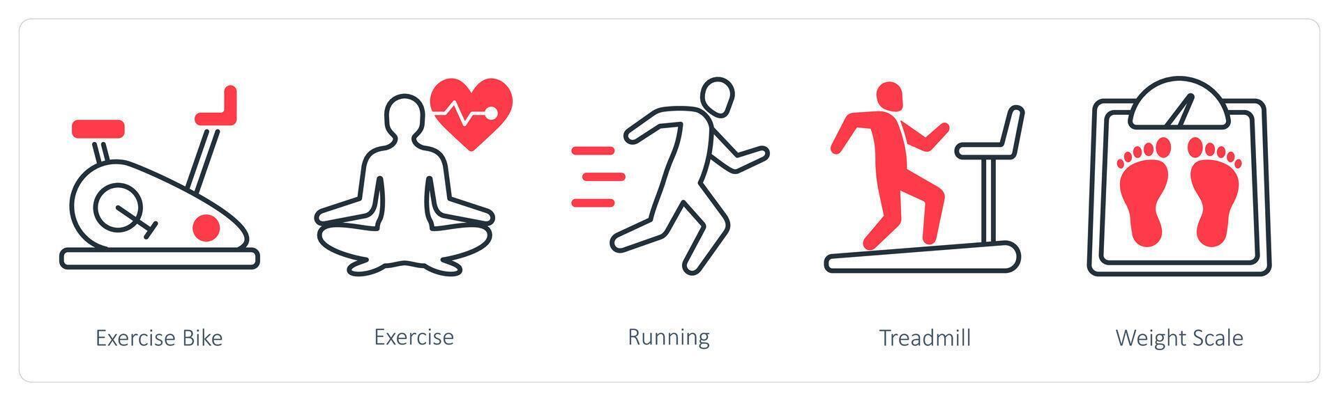 A set of 5 Sports and Fitness icons as exercise bike, exercise, running vector