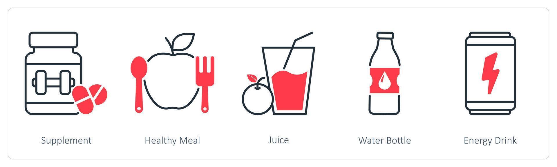 A set of 5 Sports and Fitness icons as supplement, healthy meal, juice vector