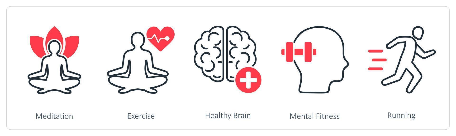 A set of 5 Sports and Fitness icons as meditation, exercise, healthy brain vector