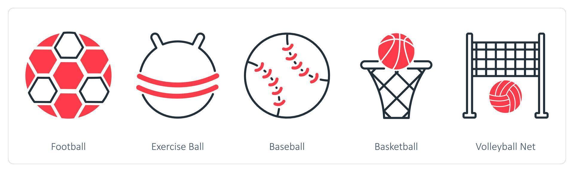 A set of 5 Sports and Fitness icons as football, exercise ball, baseball vector