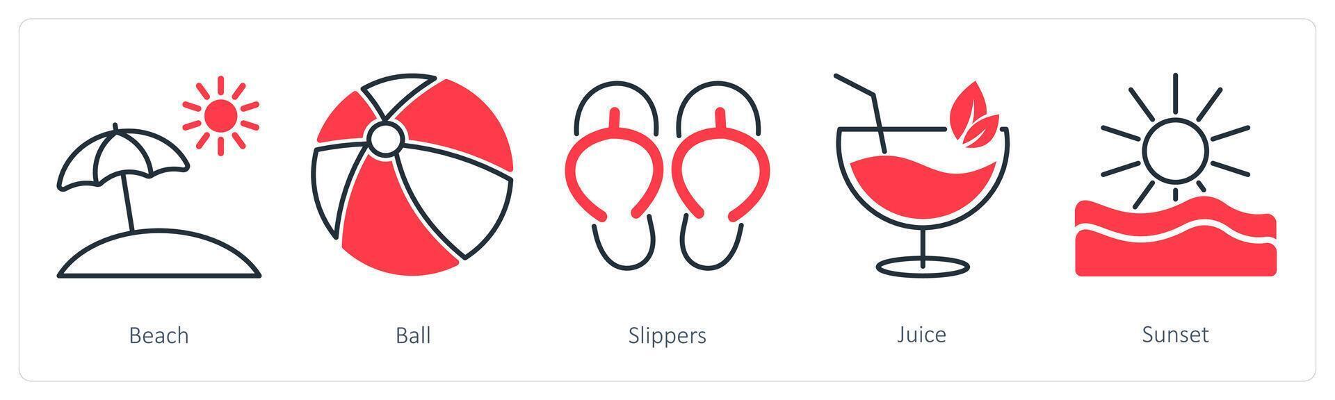 A set of 5 Summer and Travel icons as beach, ball, slippers vector