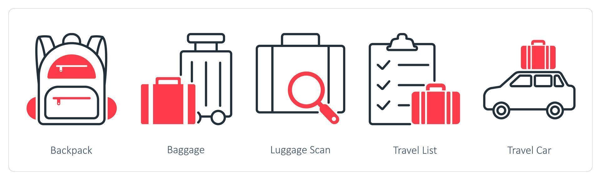 A set of 5 Summer and Travel icons as backpack, baggage, luggage scan vector