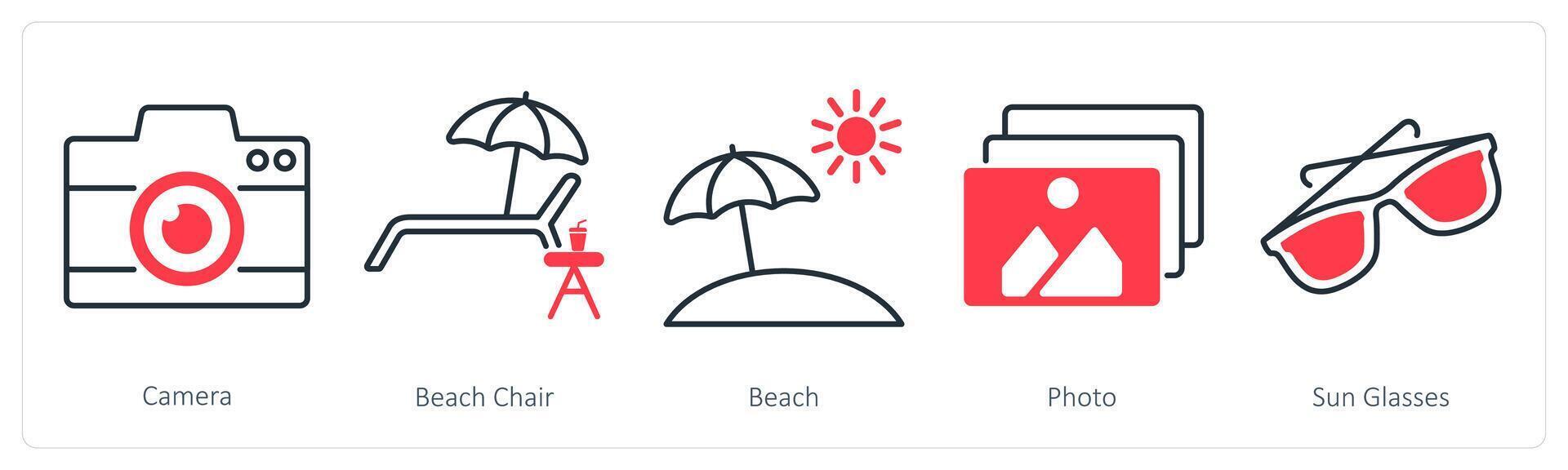 A set of 5 Summer and Travel icons as camera, beach chair, beach vector