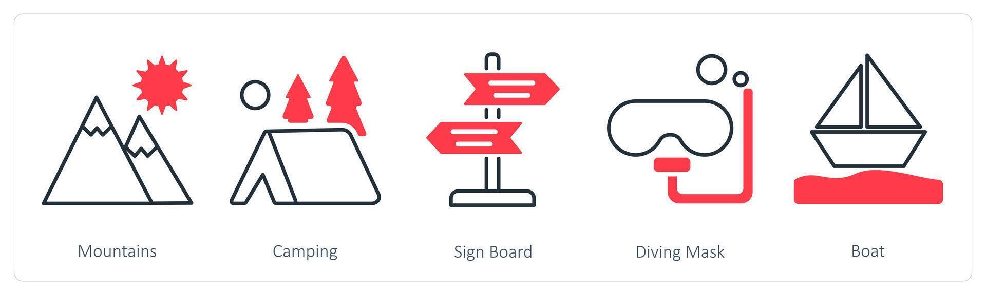 A set of 5 Summer and Travel icons as mountains, camping, sign board vector