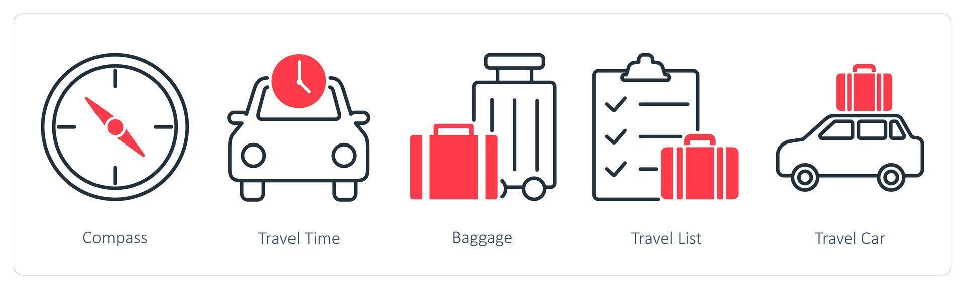 A set of 5 Summer and Travel icons as compass, travel time, baggage vector