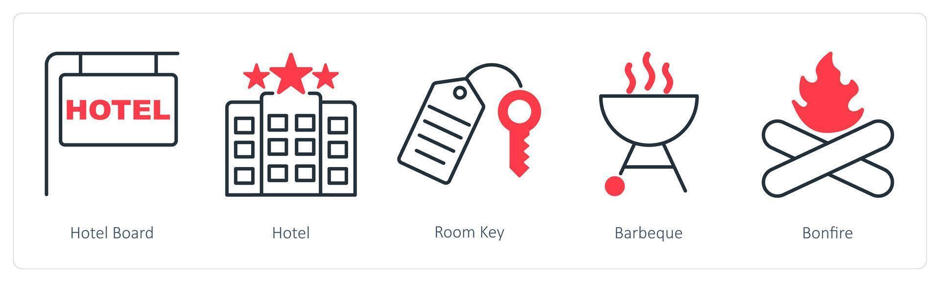 A set of 5 Summer and Travel icons as hotel board, hotel, room key vector