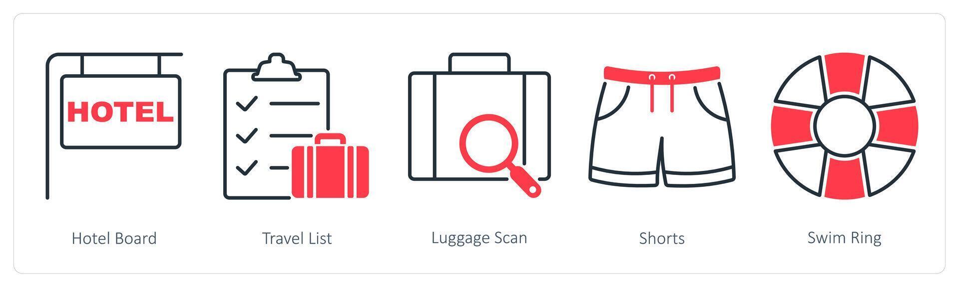 A set of 5 Summer and Travel icons as hotel board, travel list, luggage scan vector