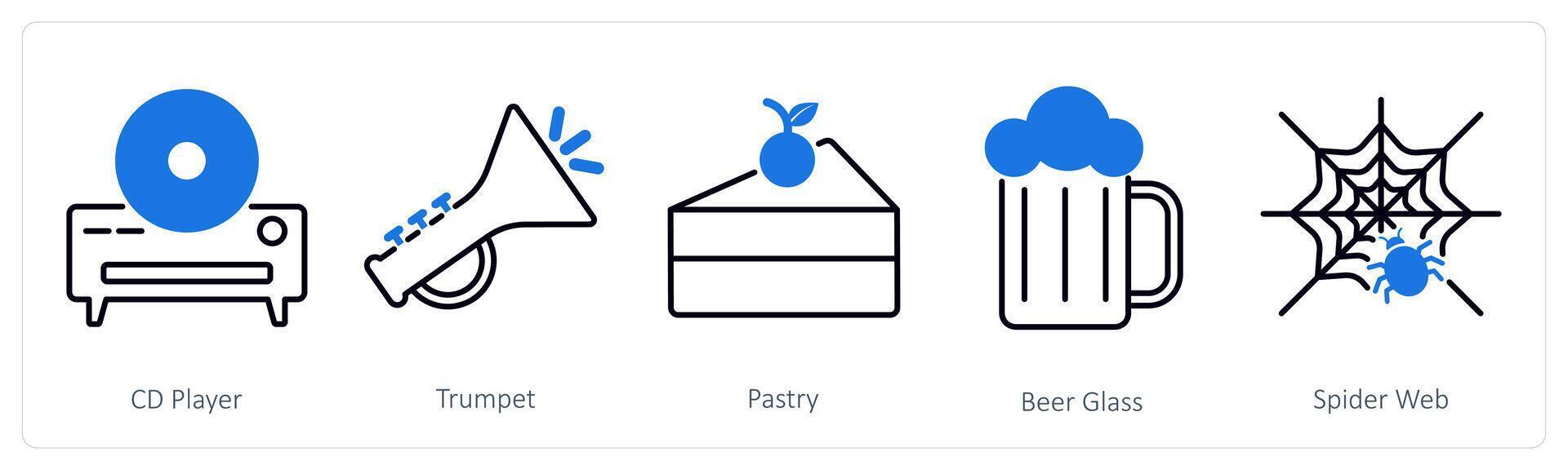 A set of 5 Party and Celebration icons as cd player, trumpet, pastry vector