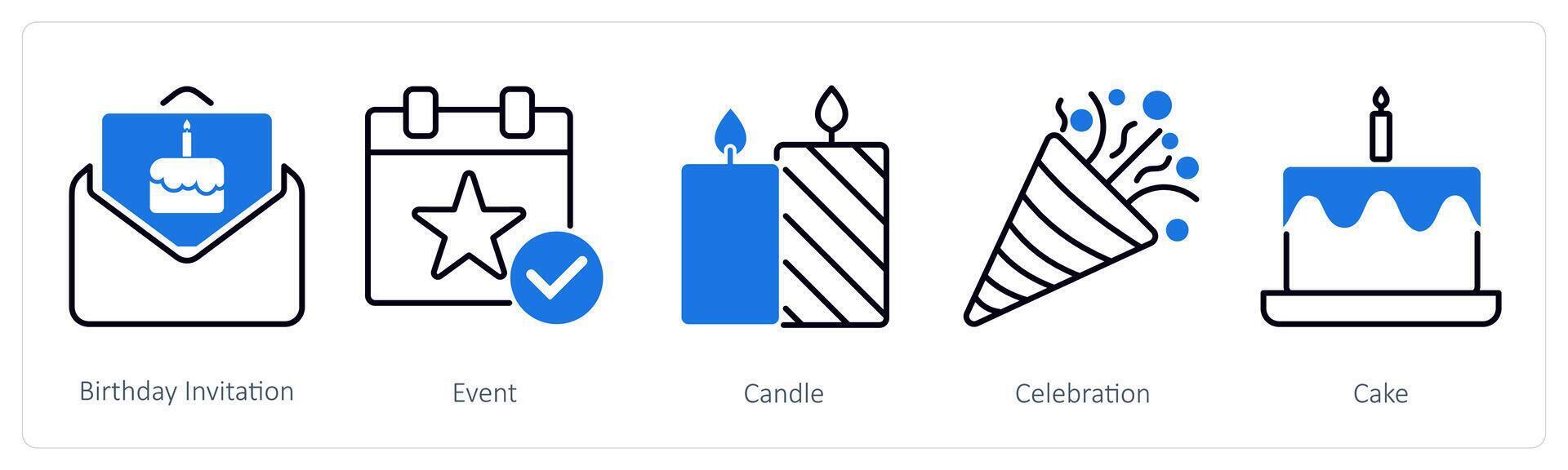 A set of 5 Party and Celebration icons as birthday invitation, event, candle vector
