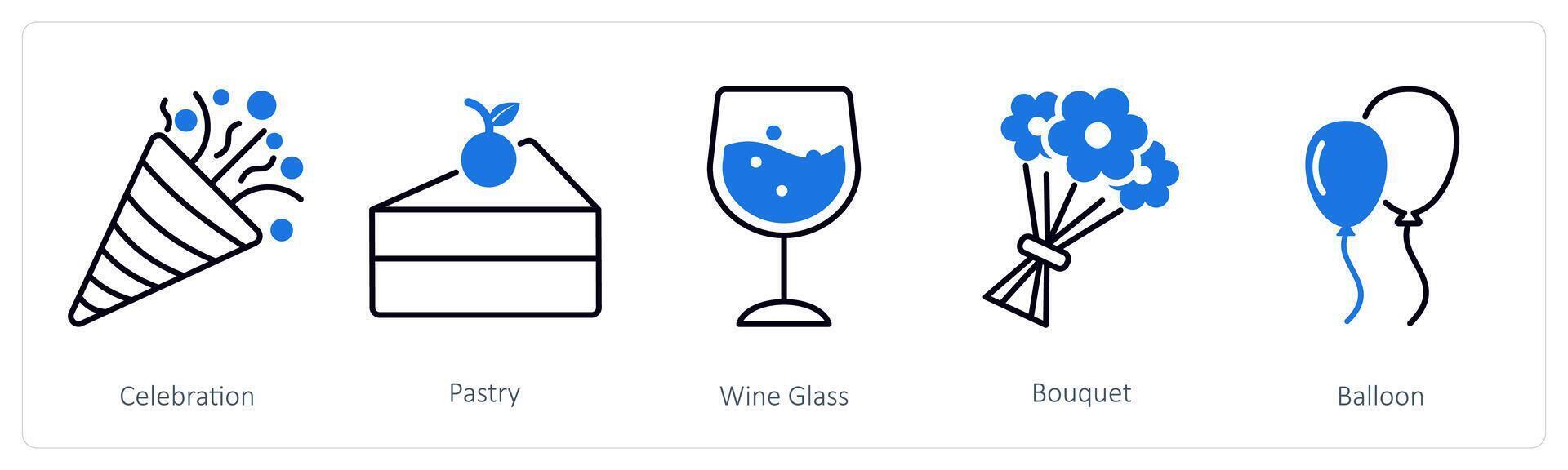 A set of 5 Party and Celebration icons as celebration, pastry, wine glass vector