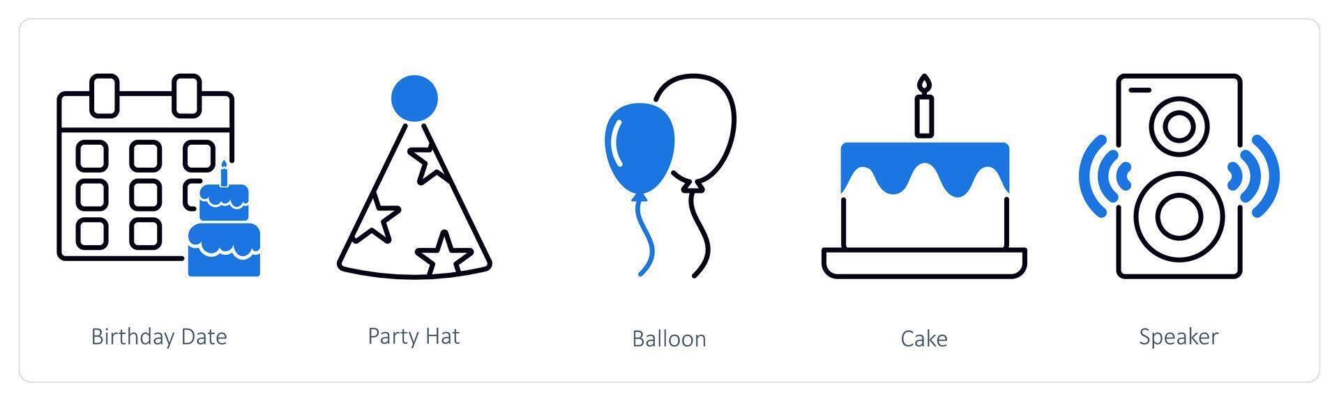 A set of 5 Party and Celebration icons as birthday date, party hat, balloon vector