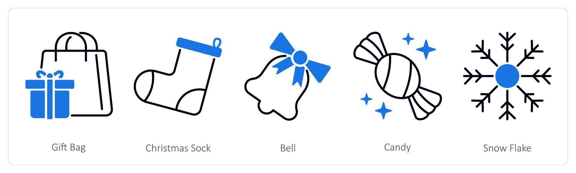 A set of 5 Party and Celebration icons as gift bag, christmas sock, bell vector