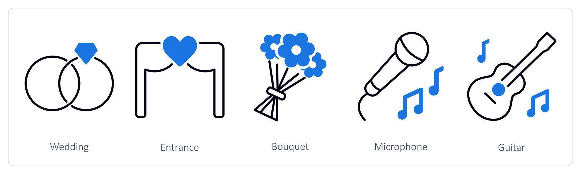 A set of 5 Party and Celebration icons as wedding, entrance, bouquet vector