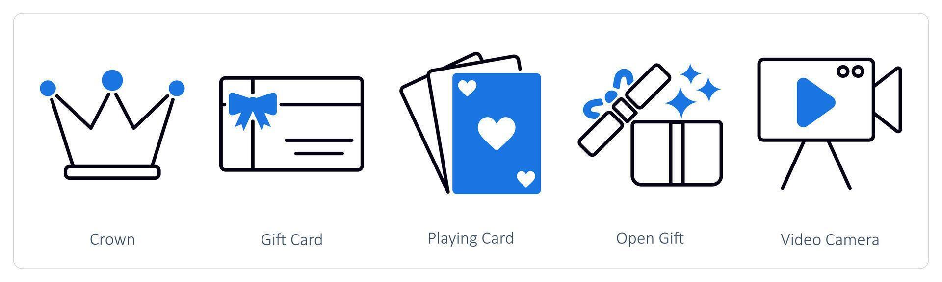 A set of 5 Party and Celebration icons as crown, gift card, playing card vector