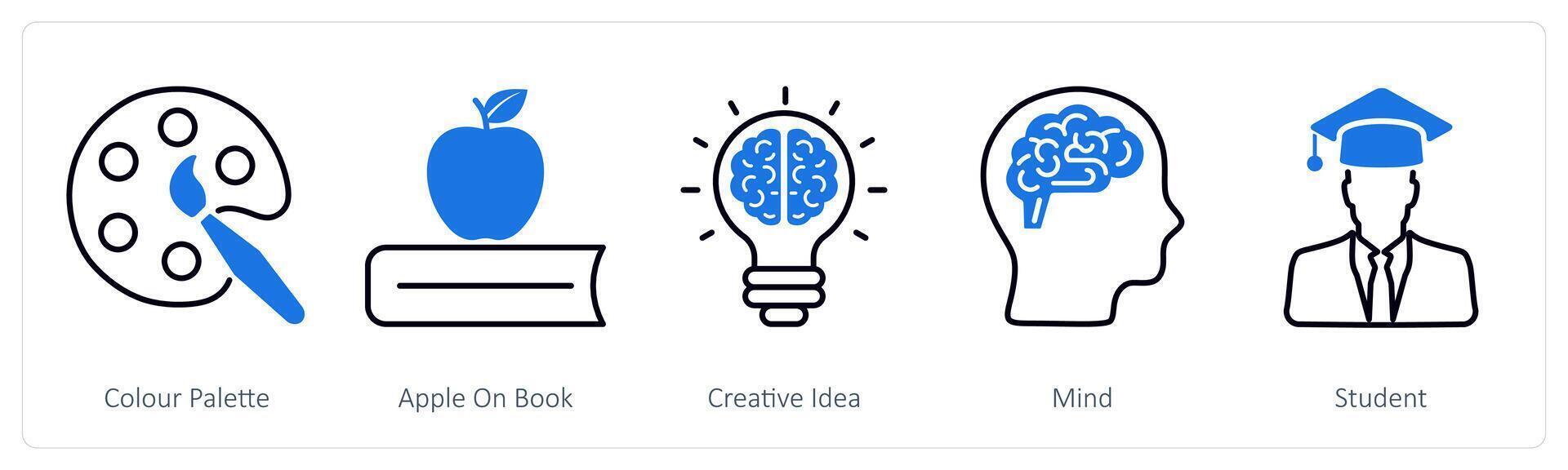 A set of 5 School and Education icons as color palette, apple on book, creative idea vector