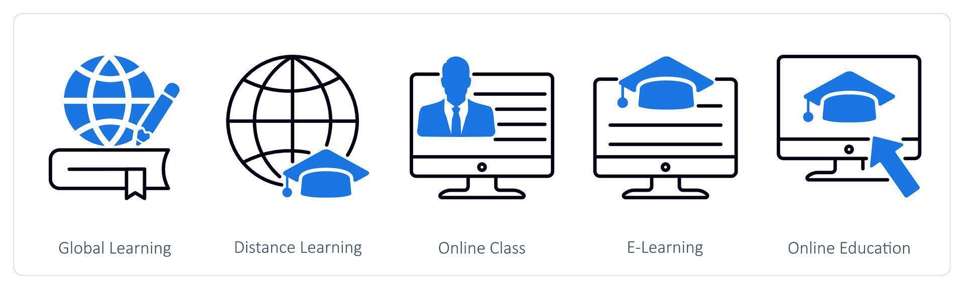 A set of 5 School and Education icons as global learning, distance learning, online class vector