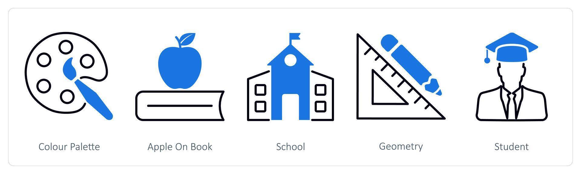 A set of 5 School and Education icons as color palette, apple on book, school vector