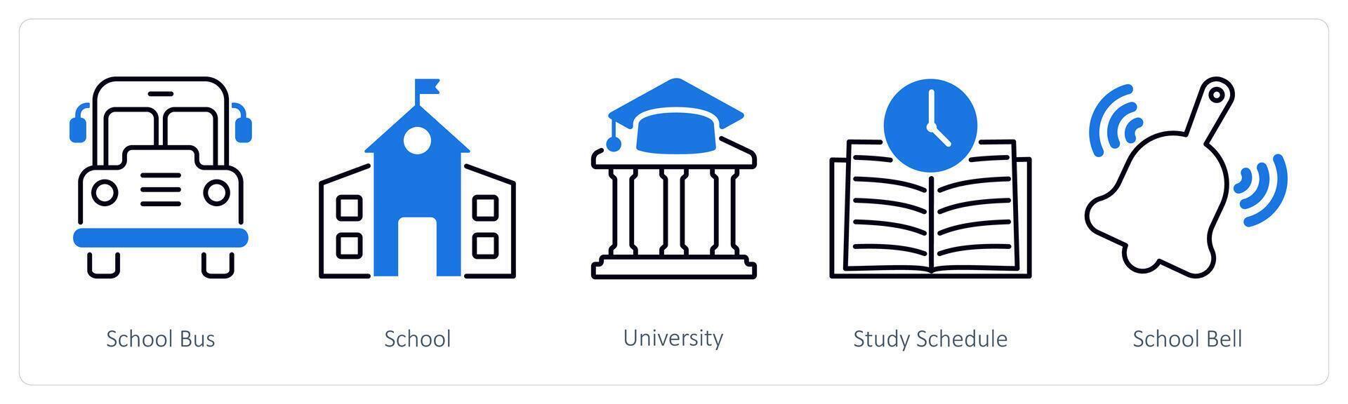 A set of 5 School and Education icons as school bus, school, university vector