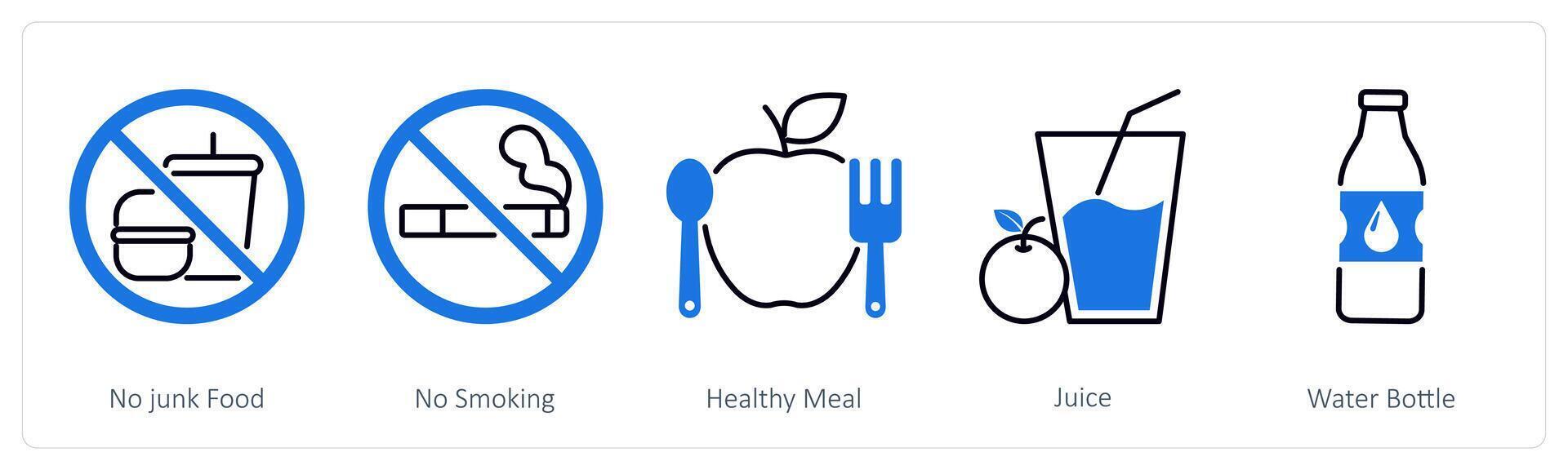 A set of 5 Sports and Fitness icons as no junk food, no smoking, healthy meal vector
