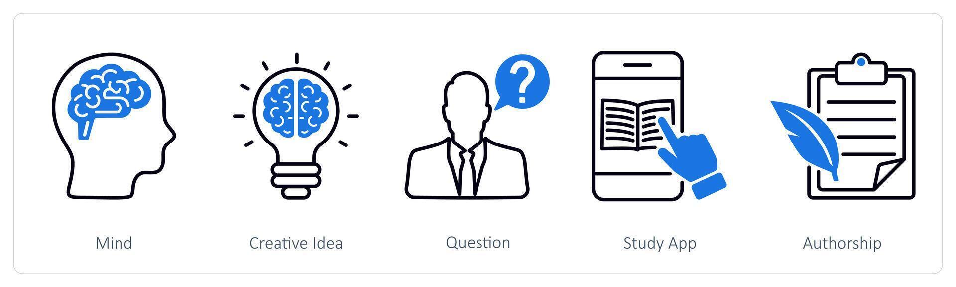 A set of 5 School and Education icons as mind, creative idea, question vector