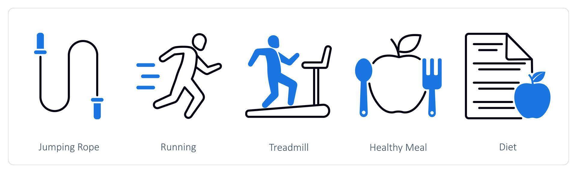 A set of 5 Sports and Fitness icons as jumping rope, running, treadmill vector