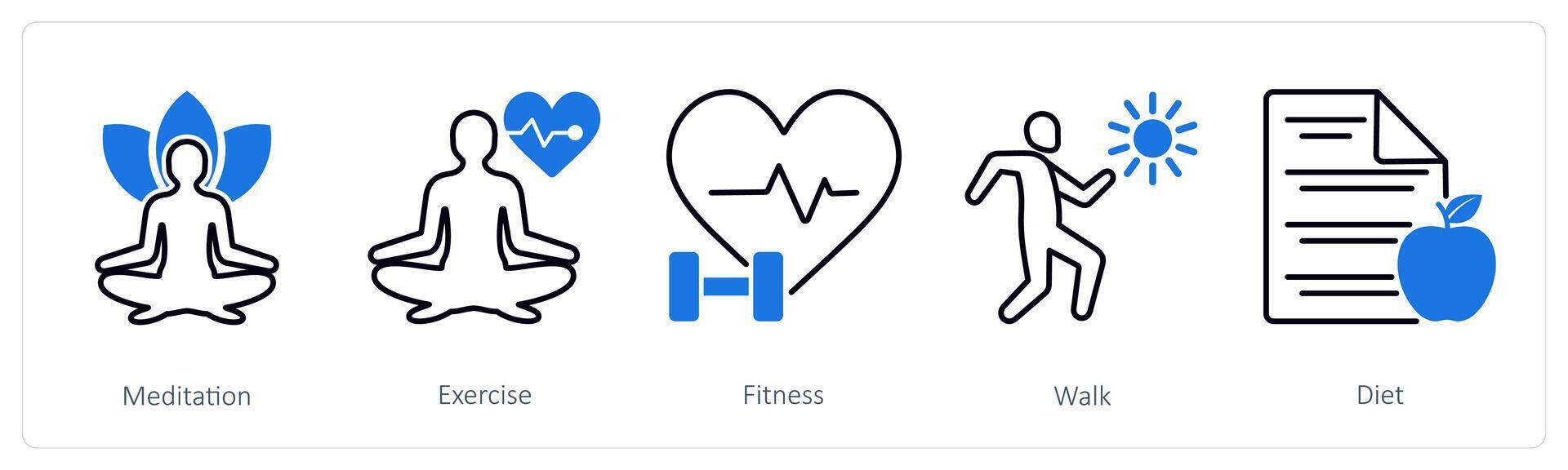 A set of 5 Sports and Fitness icons as meditation, exercise, fitness vector