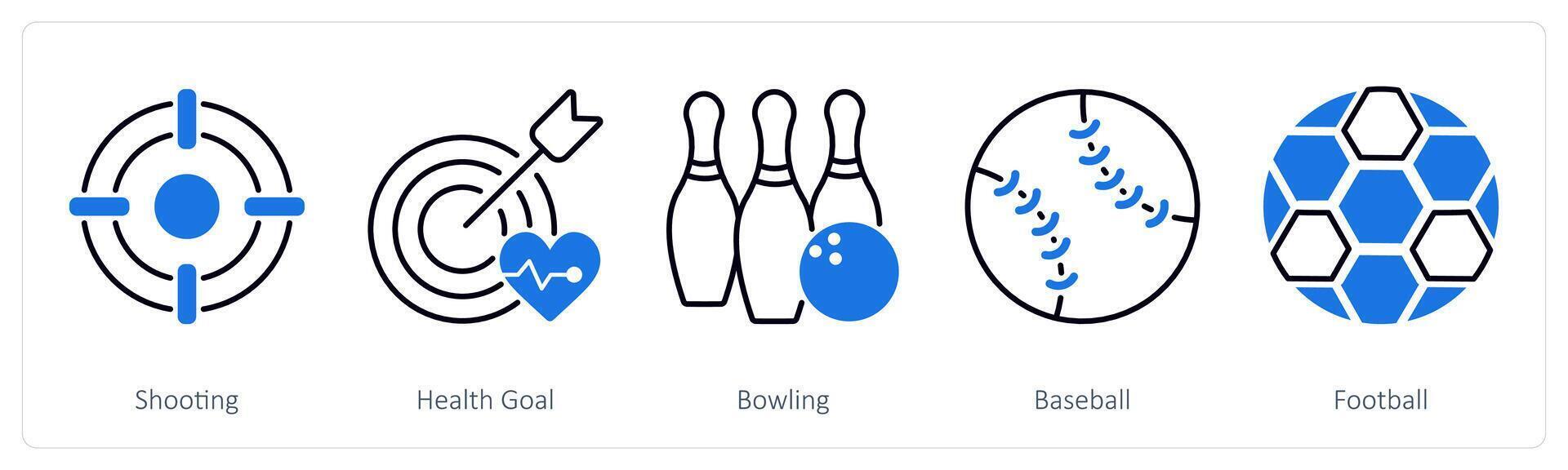 A set of 5 Sports and Fitness icons as shooting, health goal, bowling vector