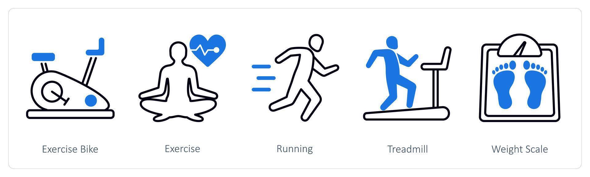 A set of 5 Sports and Fitness icons as exercise bike, exercise, running vector
