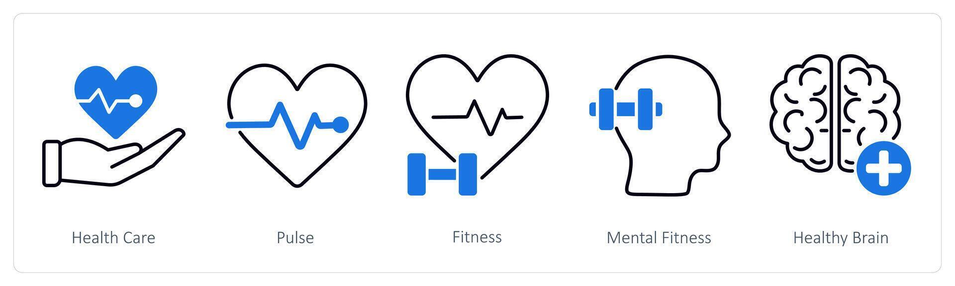 A set of 5 Sports and Fitness icons as health care, pulse, fitness vector