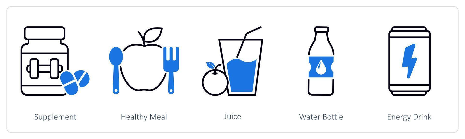 A set of 5 Sports and Fitness icons as supplement, healthy meal, juice vector