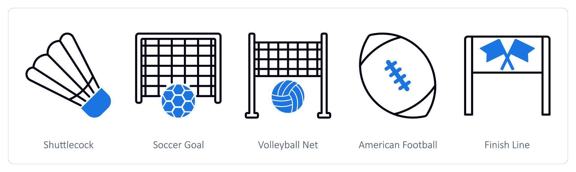 A set of 5 Sports and Fitness icons as shuttlecock, soccer goal, volleyball vector