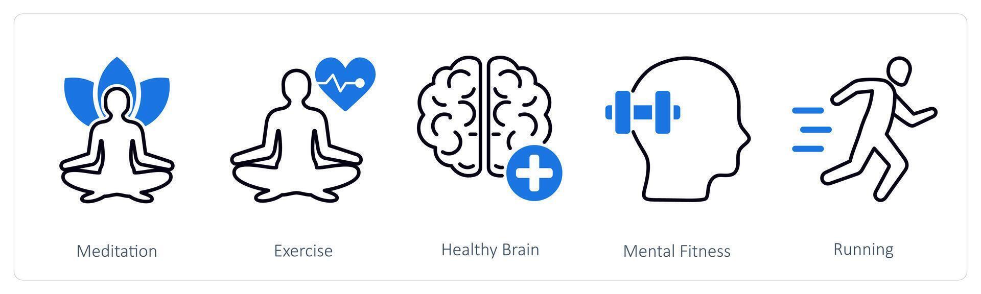 A set of 5 Sports and Fitness icons as meditation, exercise, healthy brain vector