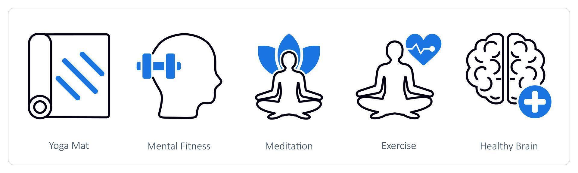 A set of 5 Sports and Fitness icons as yoga mat, mental fitness, meditation vector