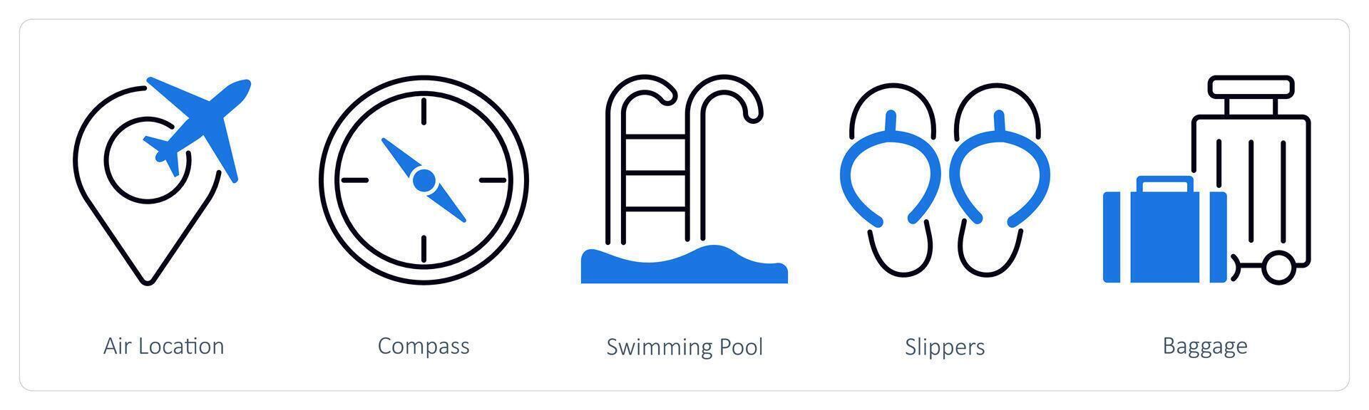 A set of 5 Summer and Travel icons as air location, compass, swimming pool vector