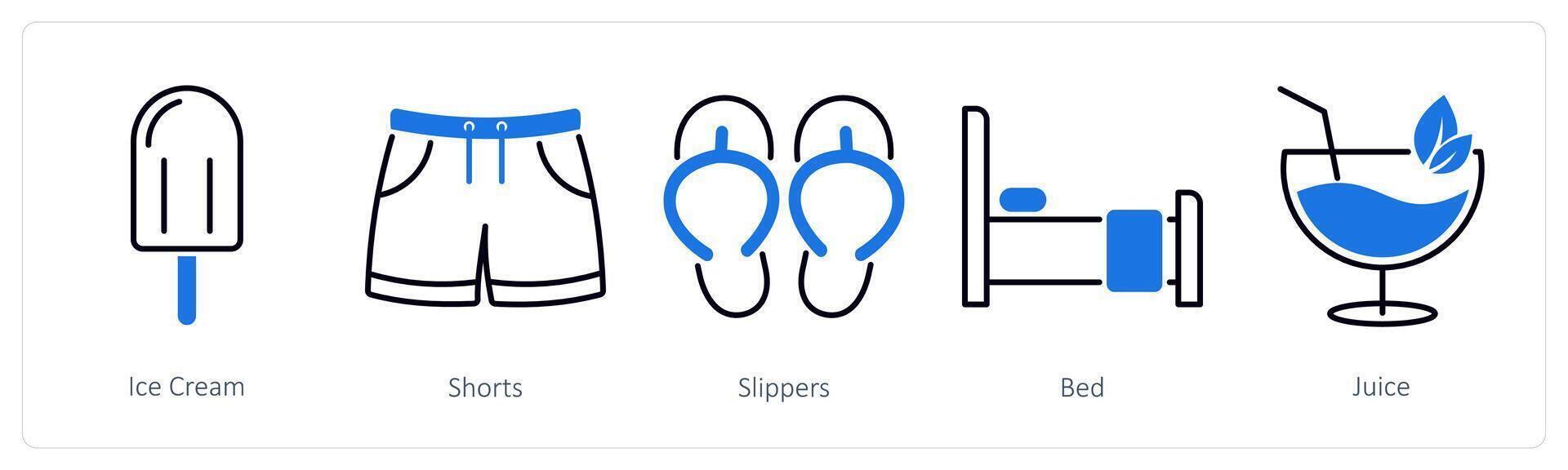 A set of 5 Summer and Travel icons as ice cream, shorts, slippers vector