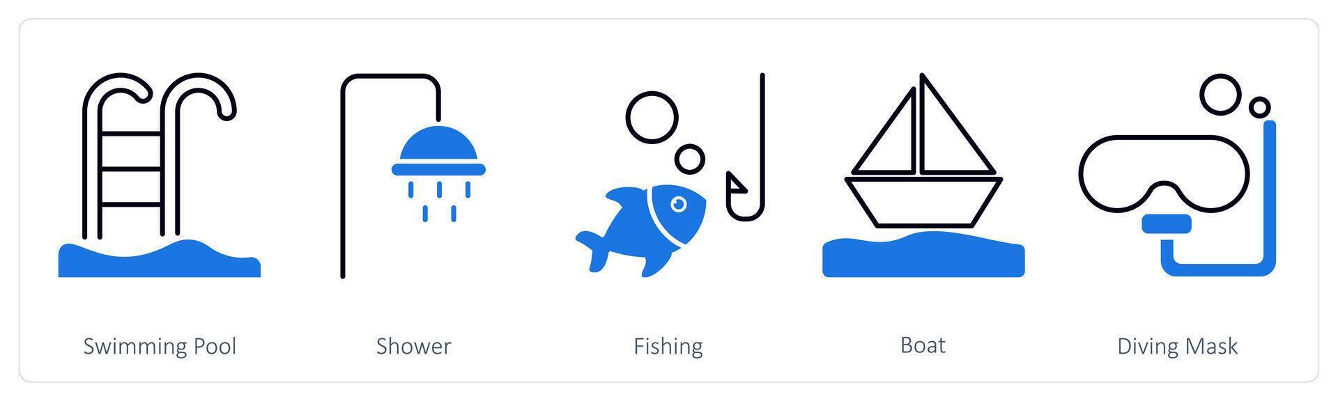 A set of 5 Summer and Travel icons as swimming pool, shower, fishing vector