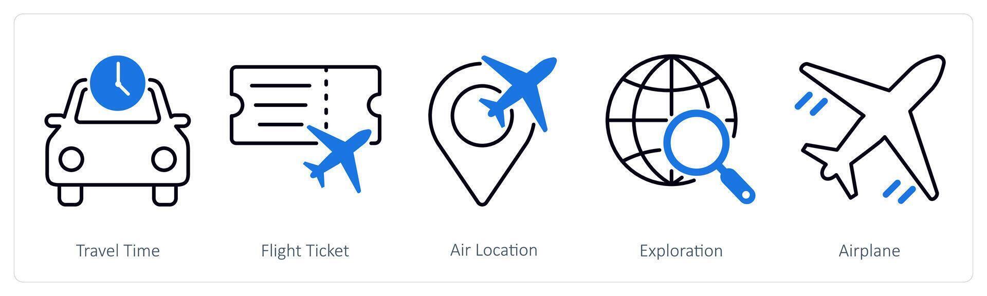 A set of 5 Summer and Travel icons as travel time, flight ticket, air location vector