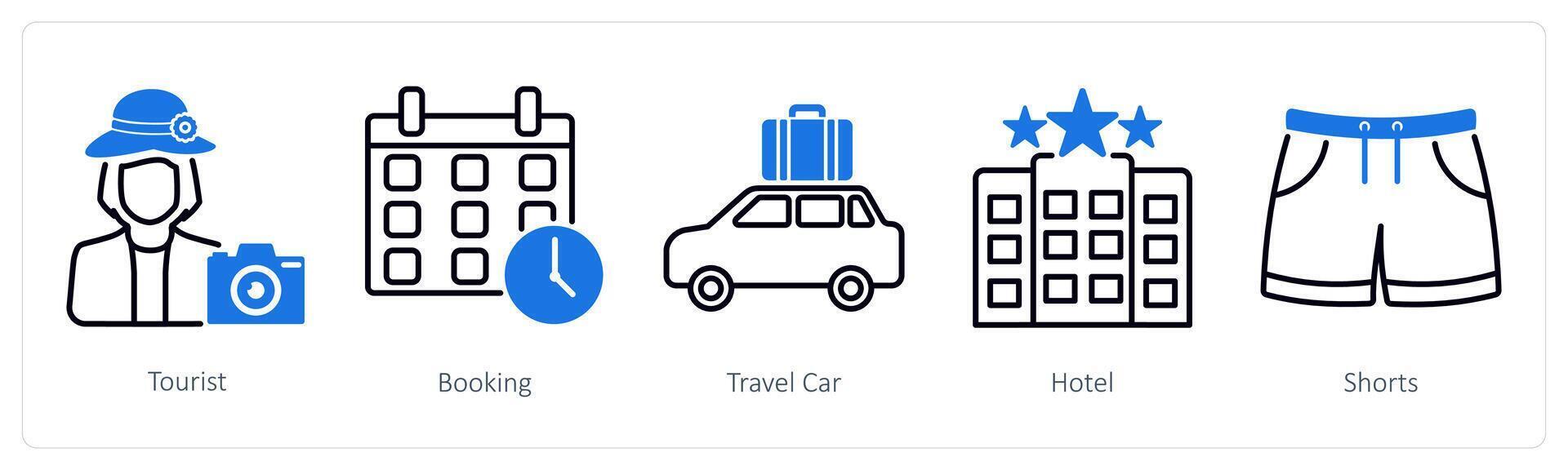 A set of 5 Summer and Travel icons as tourist, booking, travel car vector