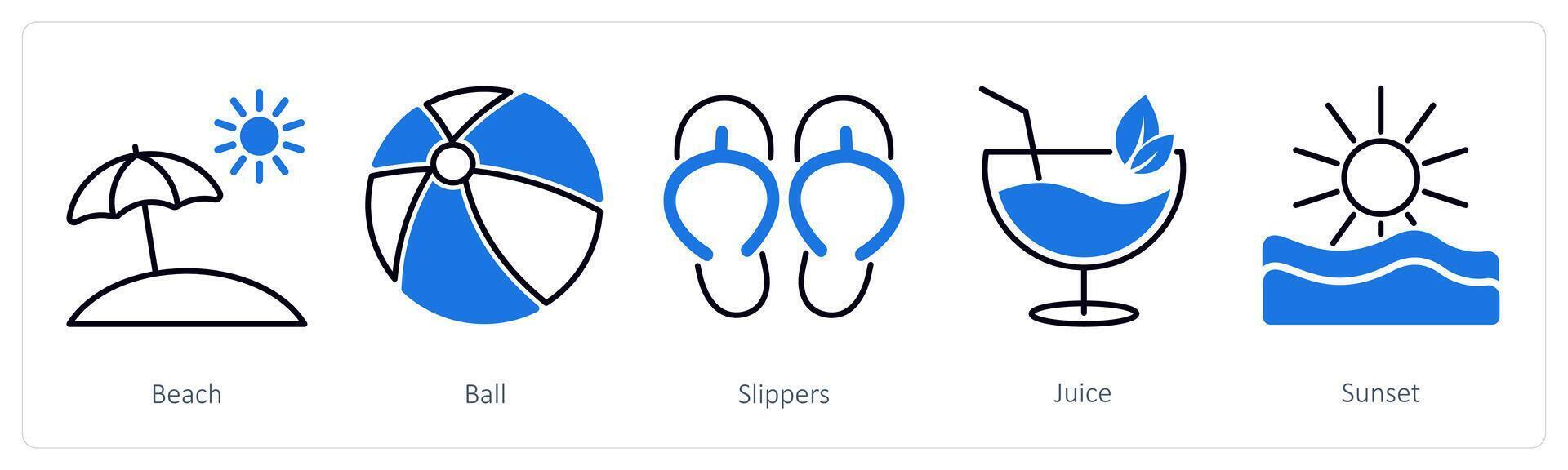 A set of 5 Summer and Travel icons as beach, ball, slippers vector