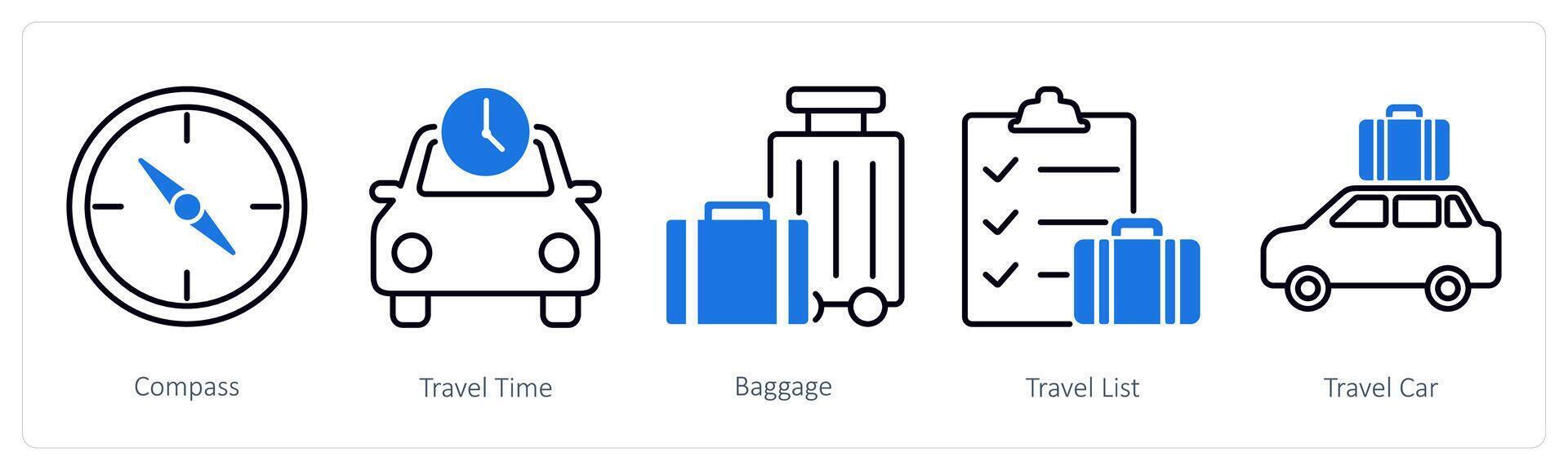 A set of 5 Summer and Travel icons as compass, travel time, baggage vector