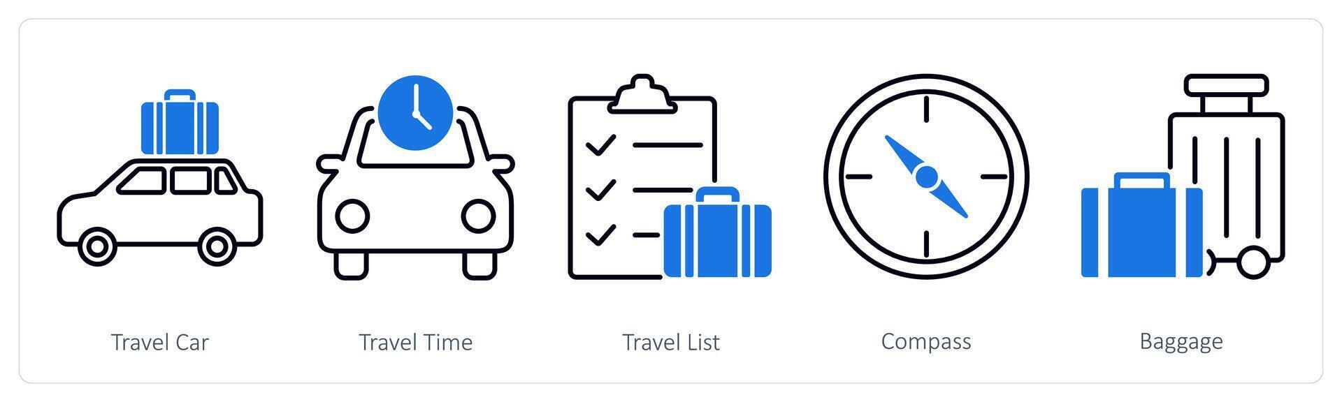 A set of 5 Summer and Travel icons as travel car, travel time, travel list vector