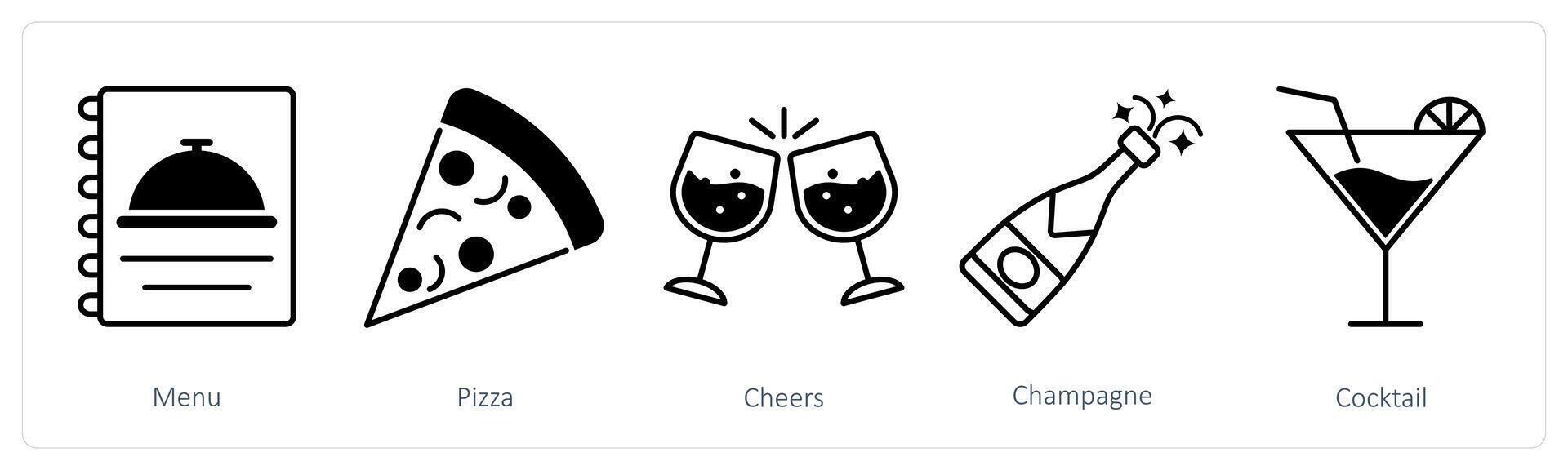 A set of 5 Party and Celebration icons as menu, pizza, cheers vector