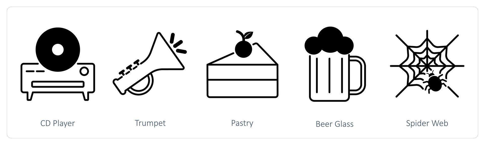 A set of 5 Party and Celebration icons as cd player, trumpet, pastry vector