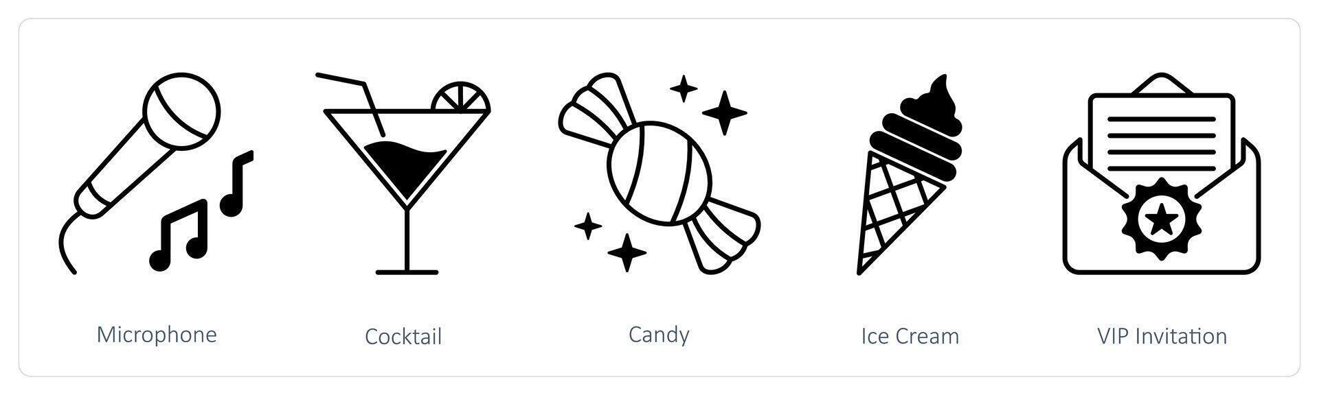 A set of 5 Party and Celebration icons as microphone, cocktail, candy vector