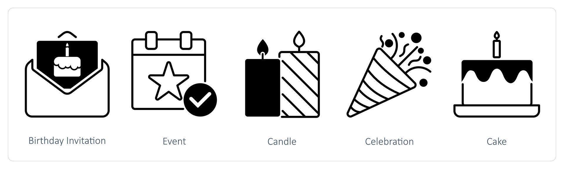 A set of 5 Party and Celebration icons as birthday invitation, event, candle vector
